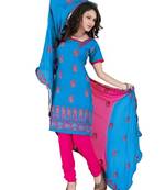 Blue embroidered cotton unstitched salwar with dupatta