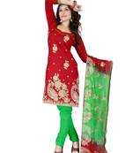 Red embroidered cotton unstitched salwar with dupatta