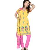 Yellow embroidered cotton unstitched salwar with dupatta