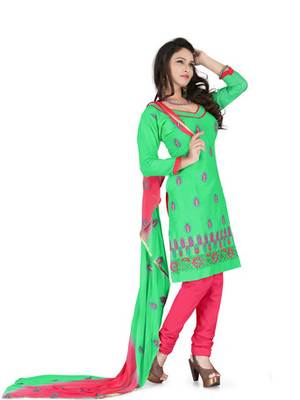 Green embroidered cotton unstitched salwar with dupatta 1
