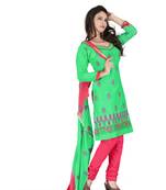 Green embroidered cotton unstitched salwar with dupatta
