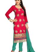 Red embroidered faux georgette unstitched salwar with dupatta