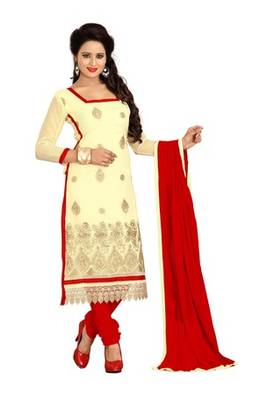 Cream embroidered faux georgette unstitched salwar with dupatta 1