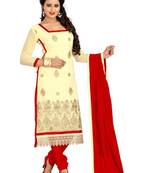 Cream embroidered faux georgette unstitched salwar with dupatta