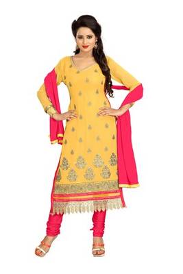 Yellow embroidered faux georgette unstitched salwar with dupatta 1