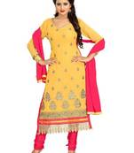 Yellow embroidered faux georgette unstitched salwar with dupatta