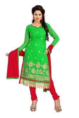 Green embroidered faux georgette unstitched salwar with dupatta 1