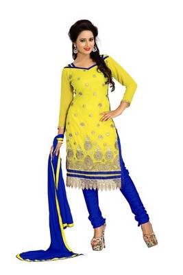 Yellow embroidered faux georgette unstitched salwar with dupatta 1