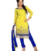 Yellow embroidered faux georgette unstitched salwar with dupatta