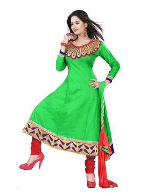 Green embroidered cotton unstitched salwar with dupatta 1