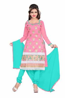Pink embroidered chanderi unstitched salwar with dupatta 1