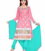 Pink embroidered chanderi unstitched salwar with dupatta