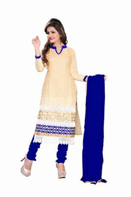 Beige embroidered chanderi unstitched salwar with dupatta 1