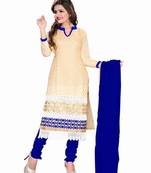 Beige embroidered chanderi unstitched salwar with dupatta