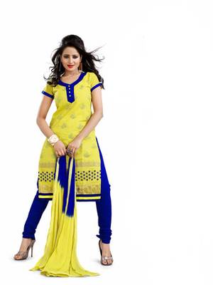 Yellow embroidered chanderi unstitched salwar with dupatta 1