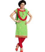 Green embroidered chanderi unstitched salwar with dupatta