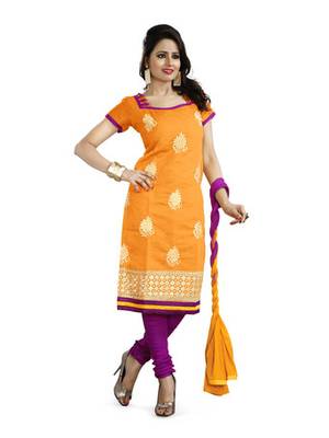 Orange embroidered chanderi unstitched salwar with dupatta 1
