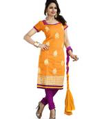 Orange embroidered chanderi unstitched salwar with dupatta