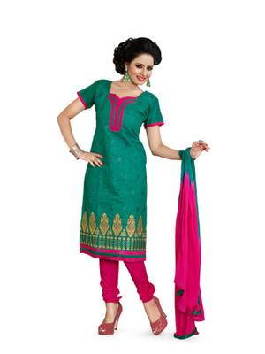 Green embroidered chanderi unstitched salwar with dupatta 1