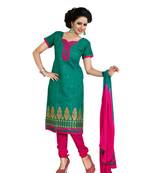 Green embroidered chanderi unstitched salwar with dupatta