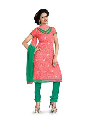 Pink embroidered chanderi unstitched salwar with dupatta 1