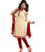 Beige embroidered chanderi unstitched salwar with dupatta