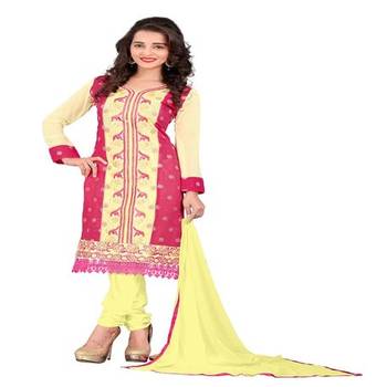 Red yellow embroidered chanderi unstitched salwar with dupatta 1