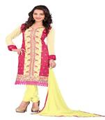Red yellow embroidered chanderi unstitched salwar with dupatta