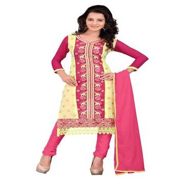 Yellow red embroidered chanderi unstitched salwar with dupatta 1
