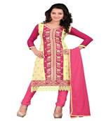 Yellow red embroidered chanderi unstitched salwar with dupatta