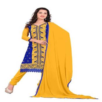 Blue yellow embroidered chanderi unstitched salwar with dupatta 1