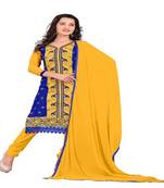 Blue yellow embroidered chanderi unstitched salwar with dupatta
