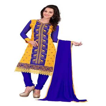 Yellow blue embroidered chanderi unstitched salwar with dupatta 1