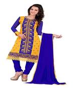 Yellow blue embroidered chanderi unstitched salwar with dupatta