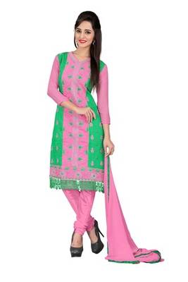 Green embroidered chanderi unstitched salwar with dupatta 1