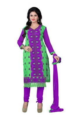 Green purple embroidered chanderi unstitched salwar with dupatta 1