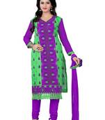 Green purple embroidered chanderi unstitched salwar with dupatta