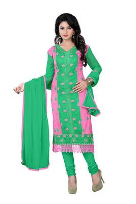 Pink green embroidered chanderi unstitched salwar with dupatta 1