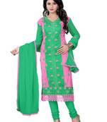 Pink green embroidered chanderi unstitched salwar with dupatta