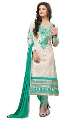 Cream embroidered cotton unstitched salwar with dupatta 1