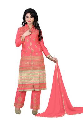 Peach embroidered glace cotton unstitched salwar with dupatta 1