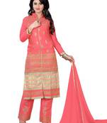 Peach embroidered glace cotton unstitched salwar with dupatta