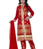 Red embroidered glace cotton unstitched salwar with dupatta