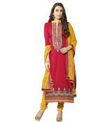 Pink embroidered cotton unstitched salwar with dupatta