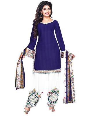 Blue printed polyester unstitched salwar with dupatta 1