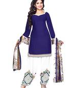Blue printed polyester unstitched salwar with dupatta