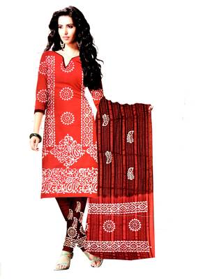 Red  Cotton Unstitched Salwar With Dupatta 1