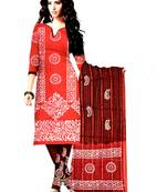Red  Cotton Unstitched Salwar With Dupatta