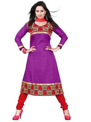 Purple embroidered cotton unstitched salwar with dupatta 1