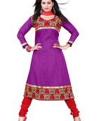 Purple embroidered cotton unstitched salwar with dupatta